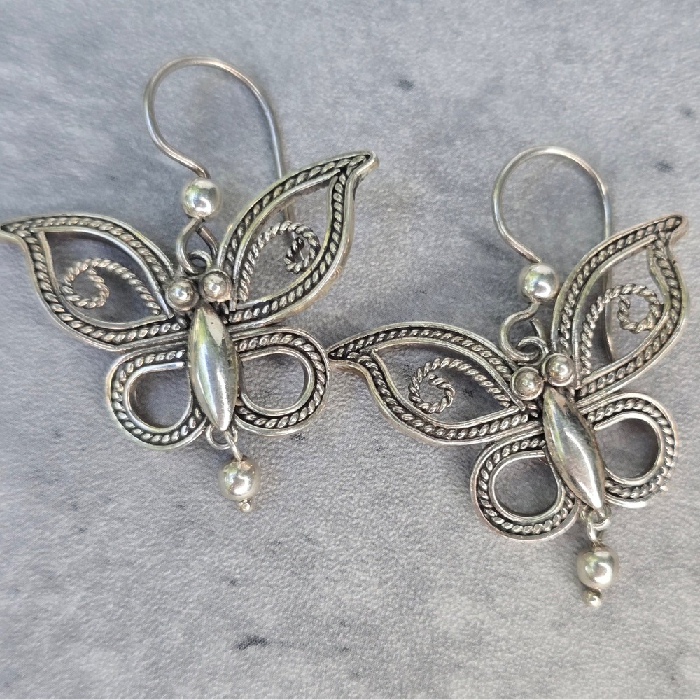 Sterling Silver 925 Butterfly Filigree Drop Earrings BJ China French Hook 6.0g